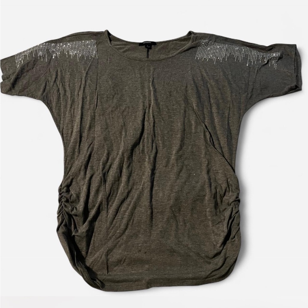 Espresso Grey Blouse, Stud Detailing, Gathered Sides, Sz L